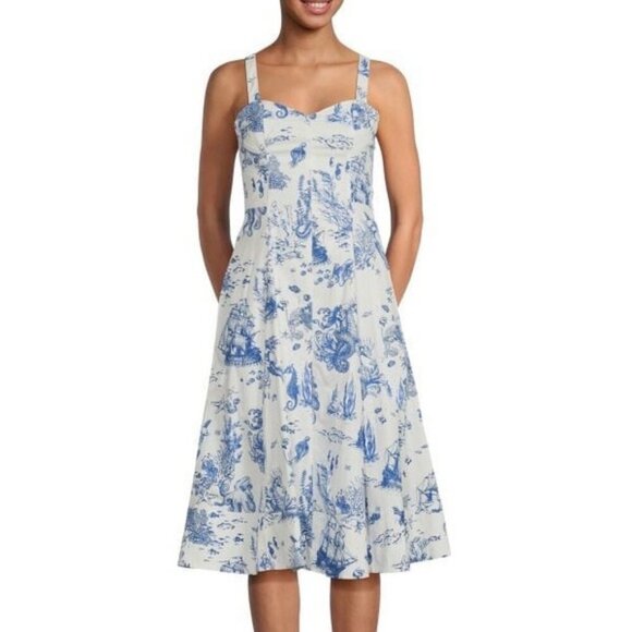 New AVEC LES FILLES Toile Nautical Print Cotton Blend Midi Dress NWT Size 6 - Picture 3 of 17